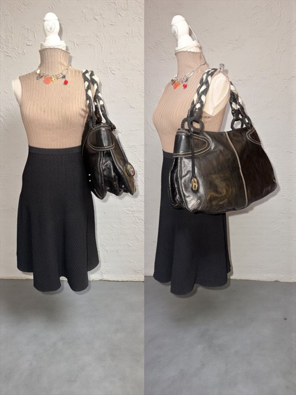 Francesco Biasia Braided Handle Hobo Black Glazed Leather Shoulder Bag Boho - Picture 2 of 9